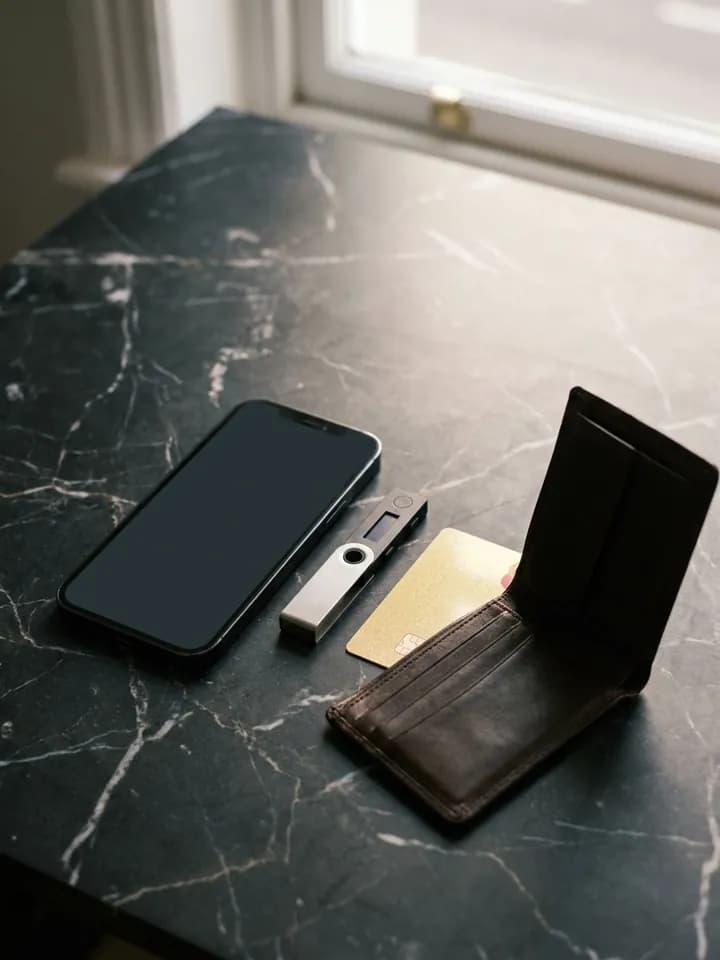 Celular, carteira de cripto e cartão dourado sobre mármore escuro