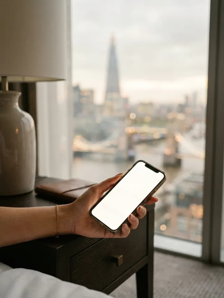 Mão segurando o celular num quarto de hotel com Londres ao fundo